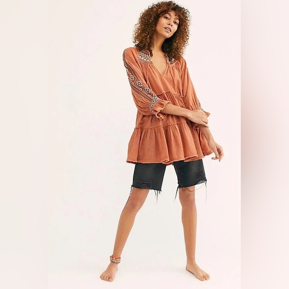 Free People Dreamweaver Embroidered Cotton Tassel Puff Sleeve Tunic Top Sz XS - Picture 11 of 12